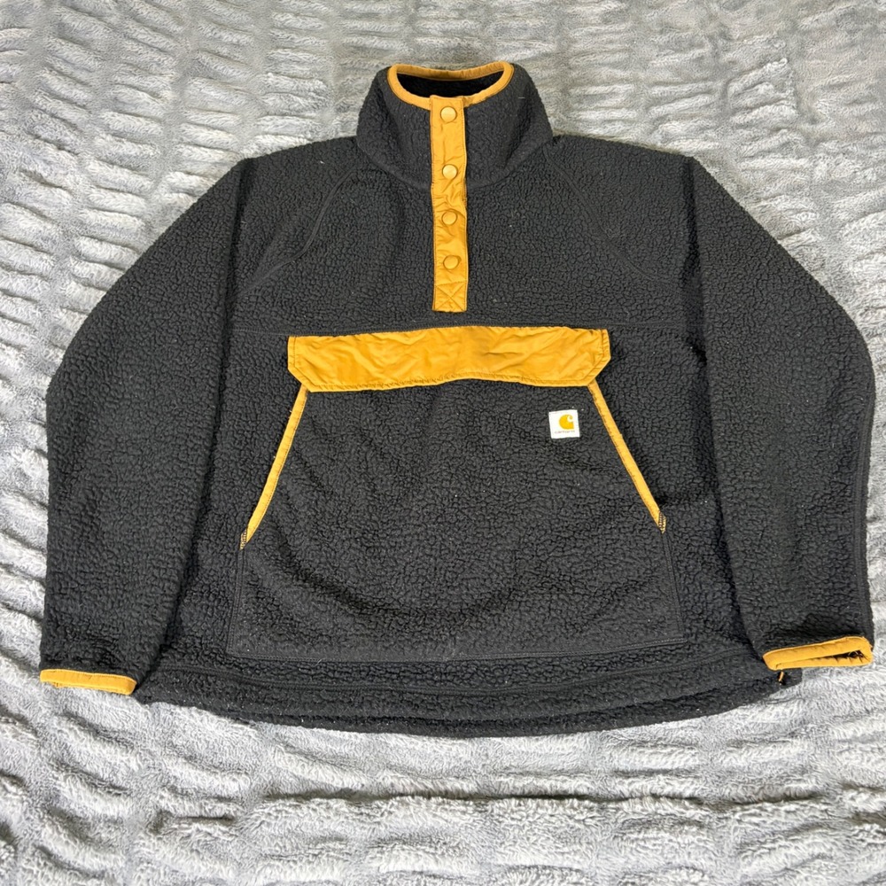 Carhartt Womens M Black Sherpa Fleece Relaxed Fit Pullover OJ4991-W Brown Trim